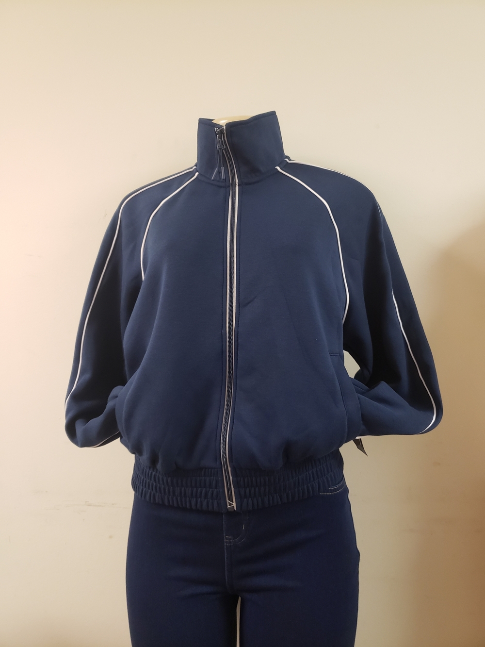 Avia Navy Zip-Up Track Sweater with White Piping